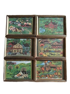 Set of 6 Green Folk Art Home Prints/cards in Gold Frames
